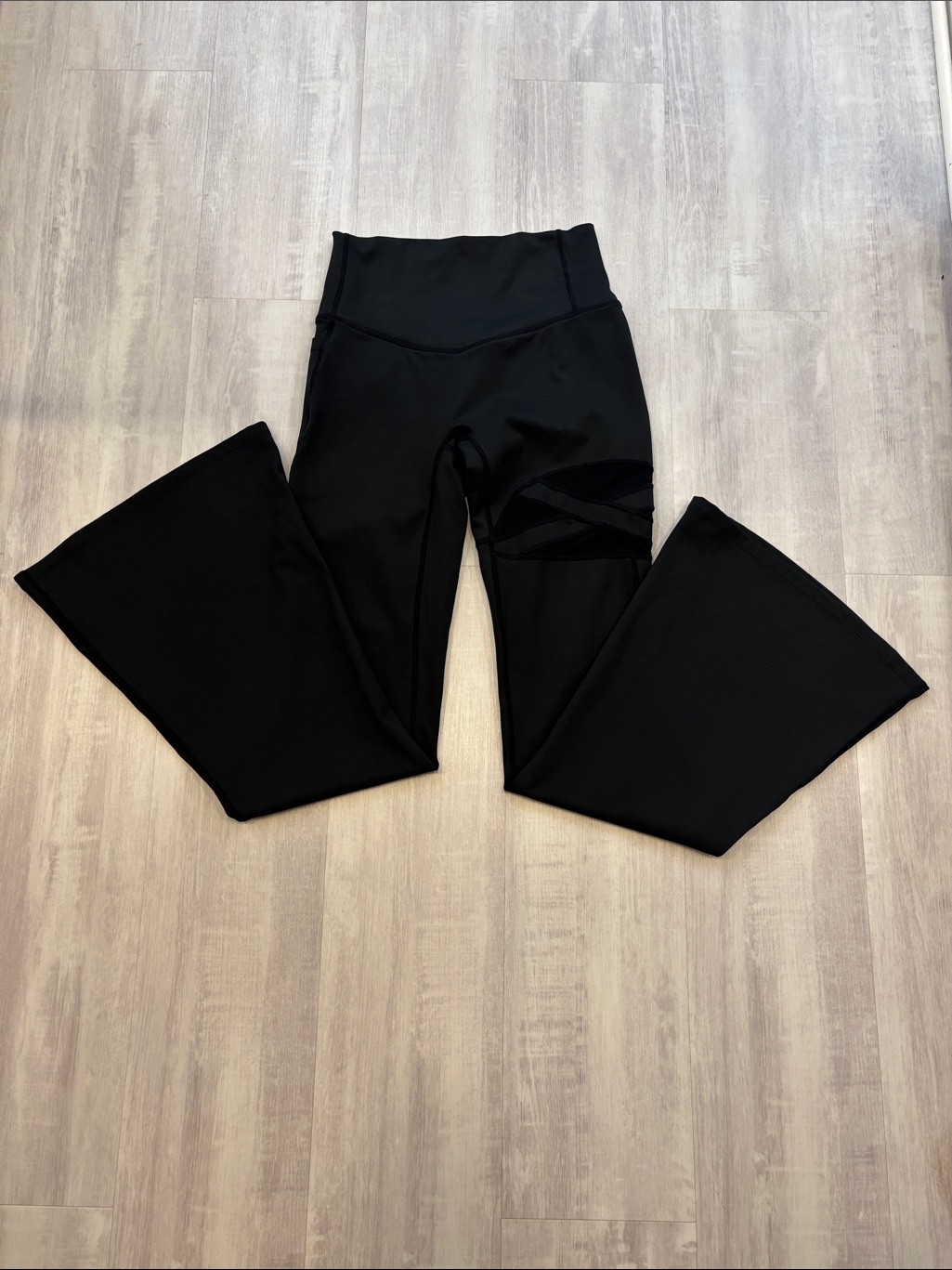Halara Black Leggings Flare Legs Mesh Cutout On Thigh Size Small High Waisted